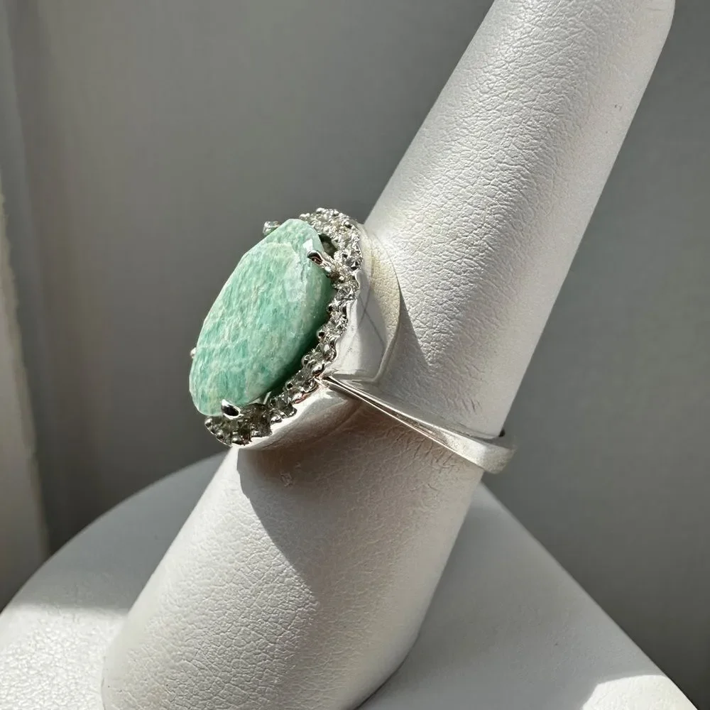 NWOT 15x11mm Oval cut Amazonite w/ halo of cz‎ diamonds in sterling silver!